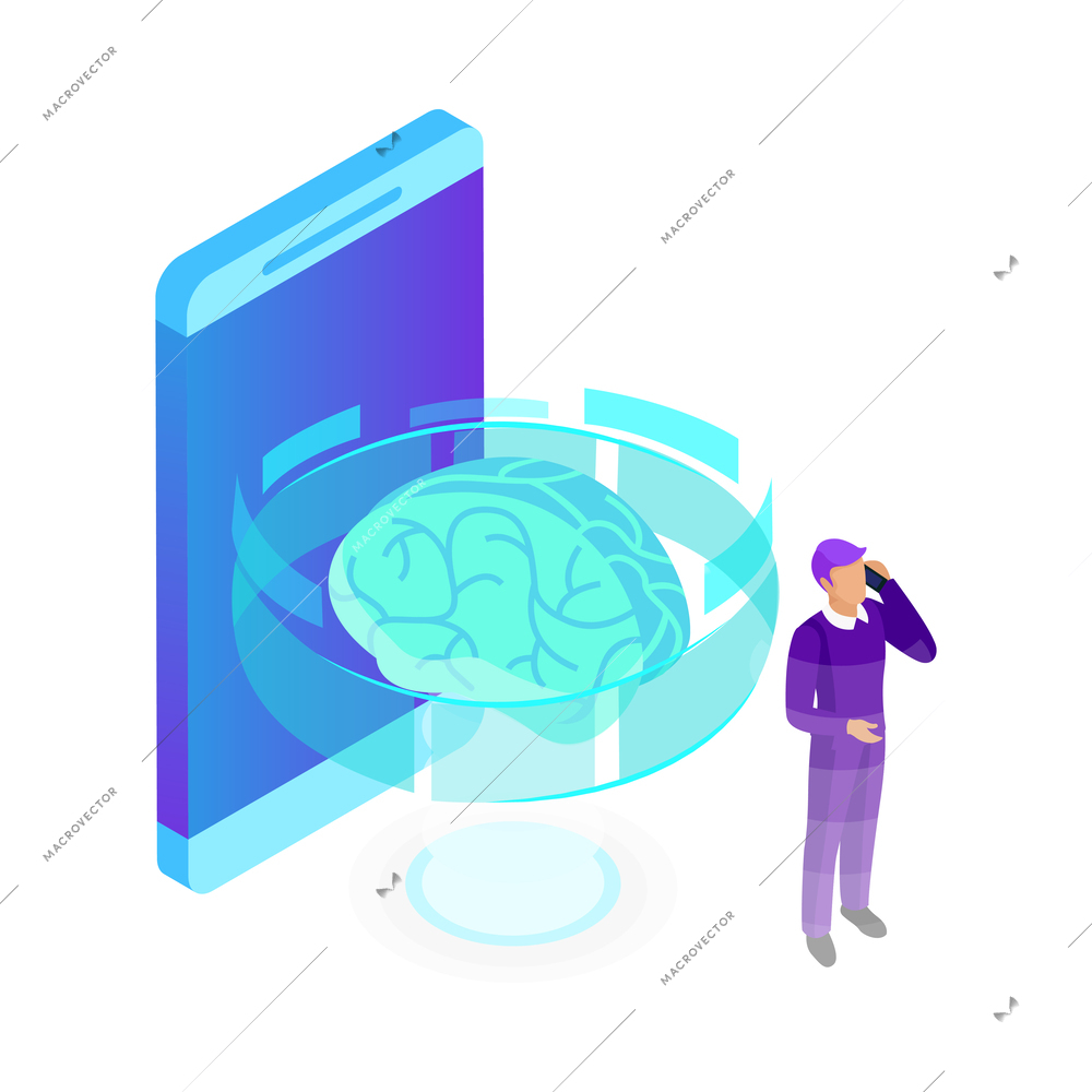 Artificial intelligence isometric composition with isolated ai glow image of brain with electronic gadgets and business people vector illustration