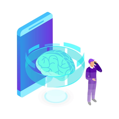 Artificial intelligence isometric composition with isolated ai glow image of brain with electronic gadgets and business people vector illustration