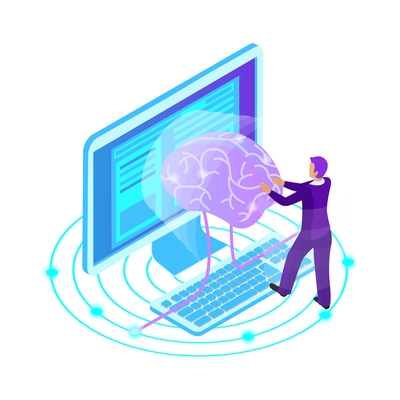 Artificial intelligence isometric composition with isolated ai glow image of brain with electronic gadgets and business people vector illustration