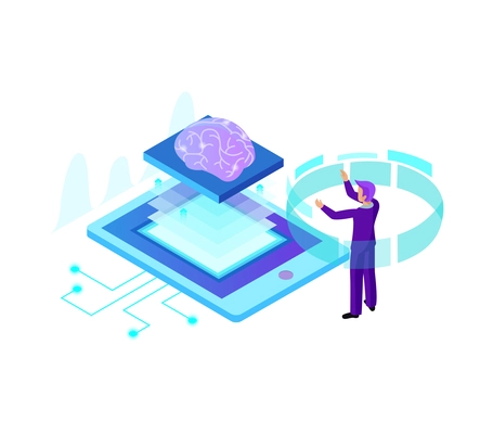 Artificial intelligence isometric composition with isolated ai glow image of brain with electronic gadgets and business people vector illustration