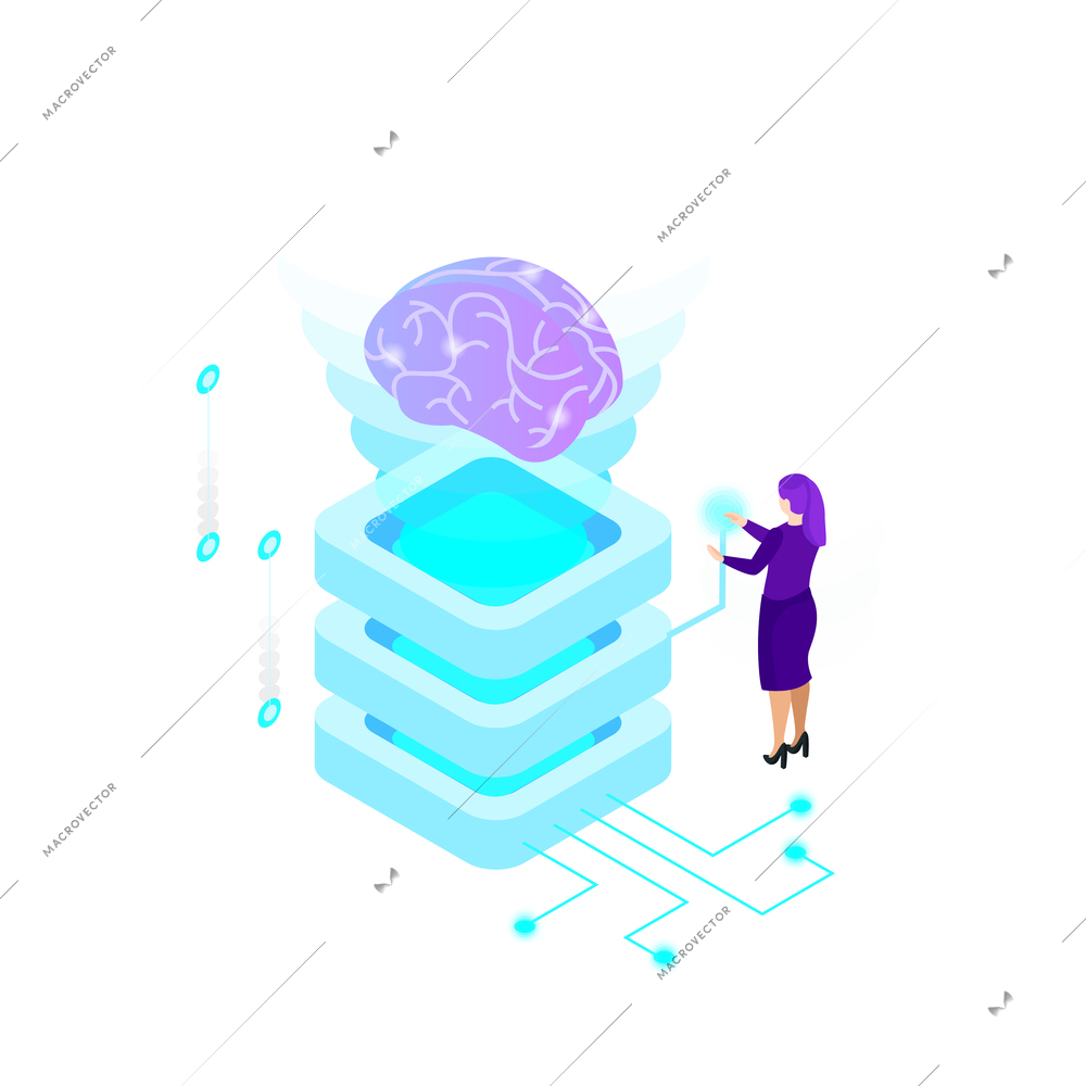 Artificial intelligence isometric composition with isolated ai glow image of brain with electronic gadgets and business people vector illustration