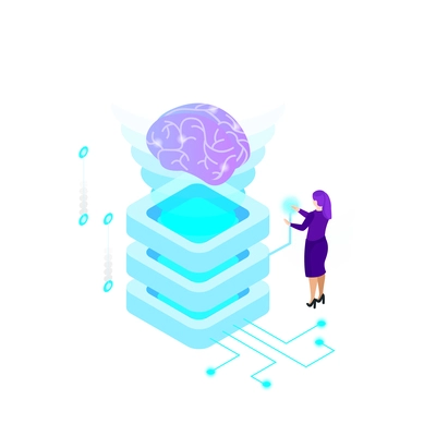 Artificial intelligence isometric composition with isolated ai glow image of brain with electronic gadgets and business people vector illustration