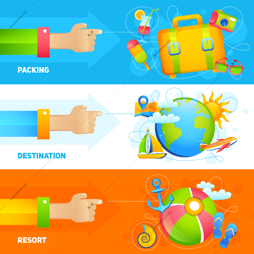 Summer vacation horizontal banner set with packing destination resort elements isolated vector illustration