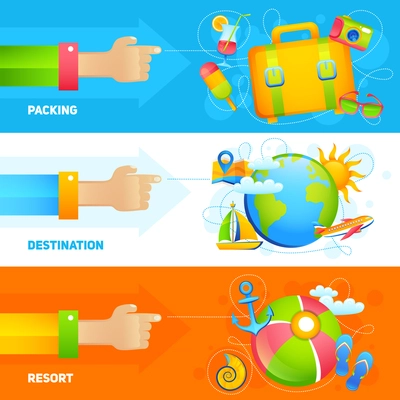 Summer vacation horizontal banner set with packing destination resort elements isolated vector illustration