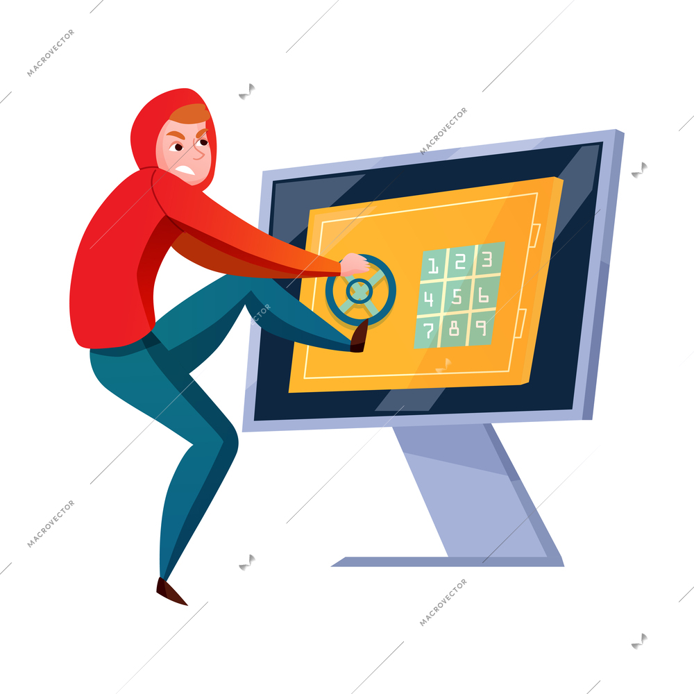 Hacker composition with cartoon character of hacker stealing information breaking computer system vector illustration