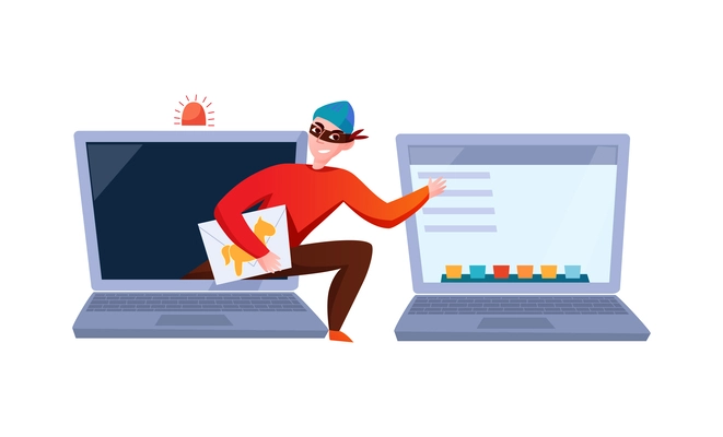 Hacker composition with cartoon character of hacker stealing information breaking computer system vector illustration