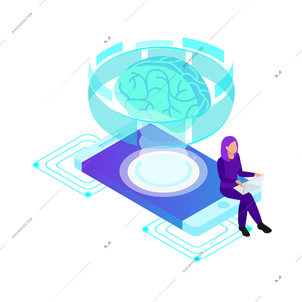 Artificial intelligence isometric composition with isolated ai glow image of brain with electronic gadgets and business people vector illustration