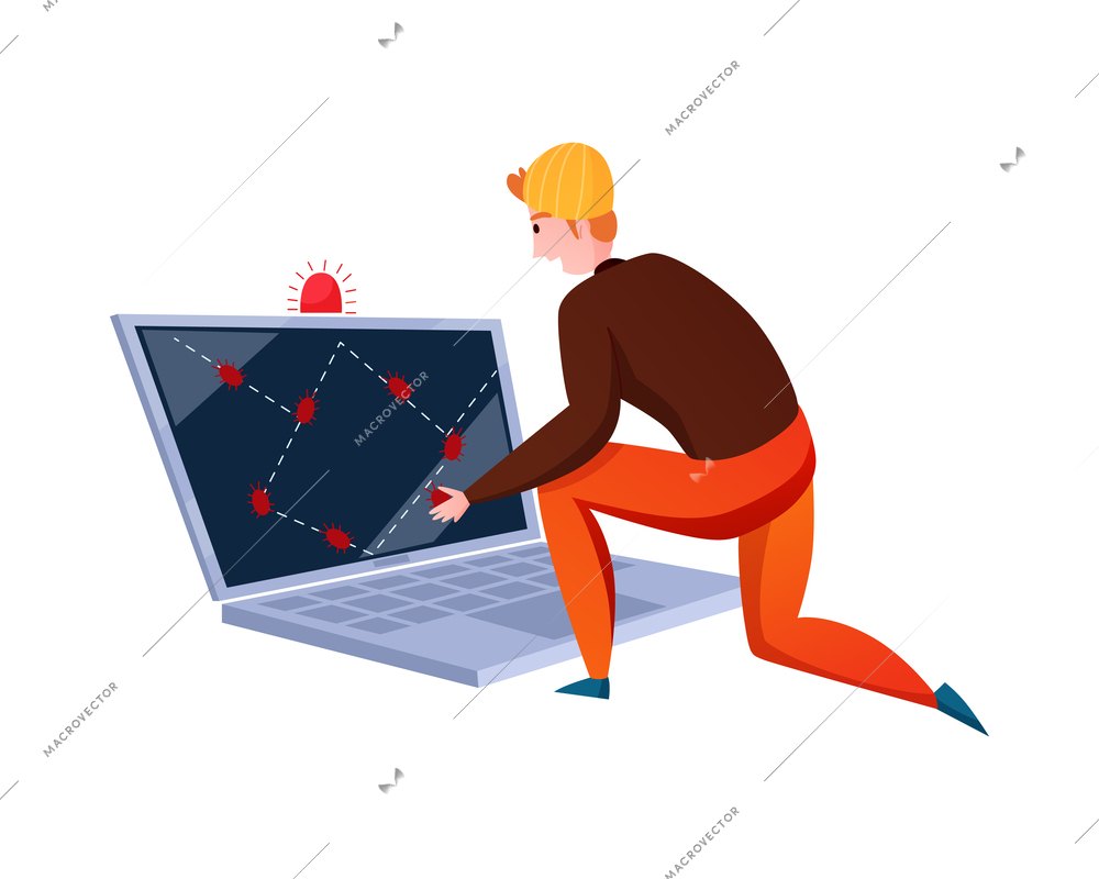 Hacker composition with cartoon character of hacker stealing information breaking computer system vector illustration