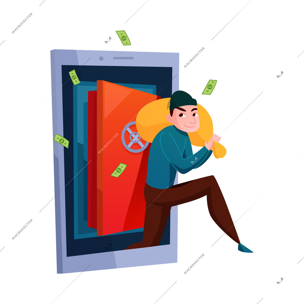 Hacker composition with cartoon character of hacker stealing information breaking computer system vector illustration