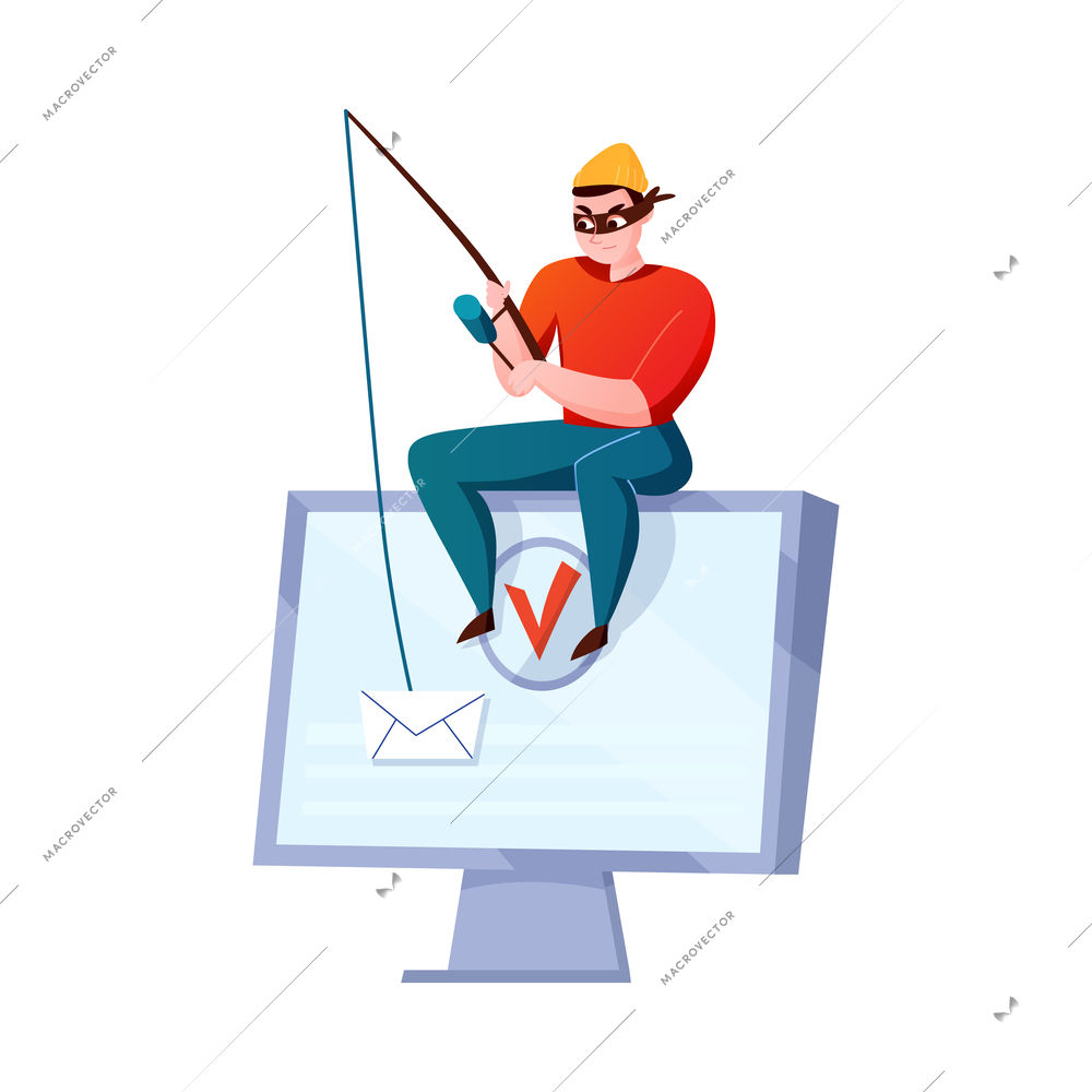 Hacker composition with cartoon character of hacker stealing information breaking computer system vector illustration