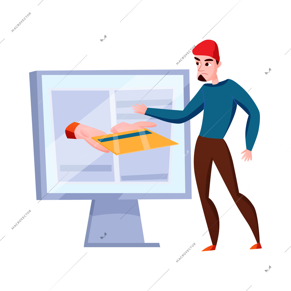 Hacker composition with cartoon character of hacker stealing information breaking computer system vector illustration