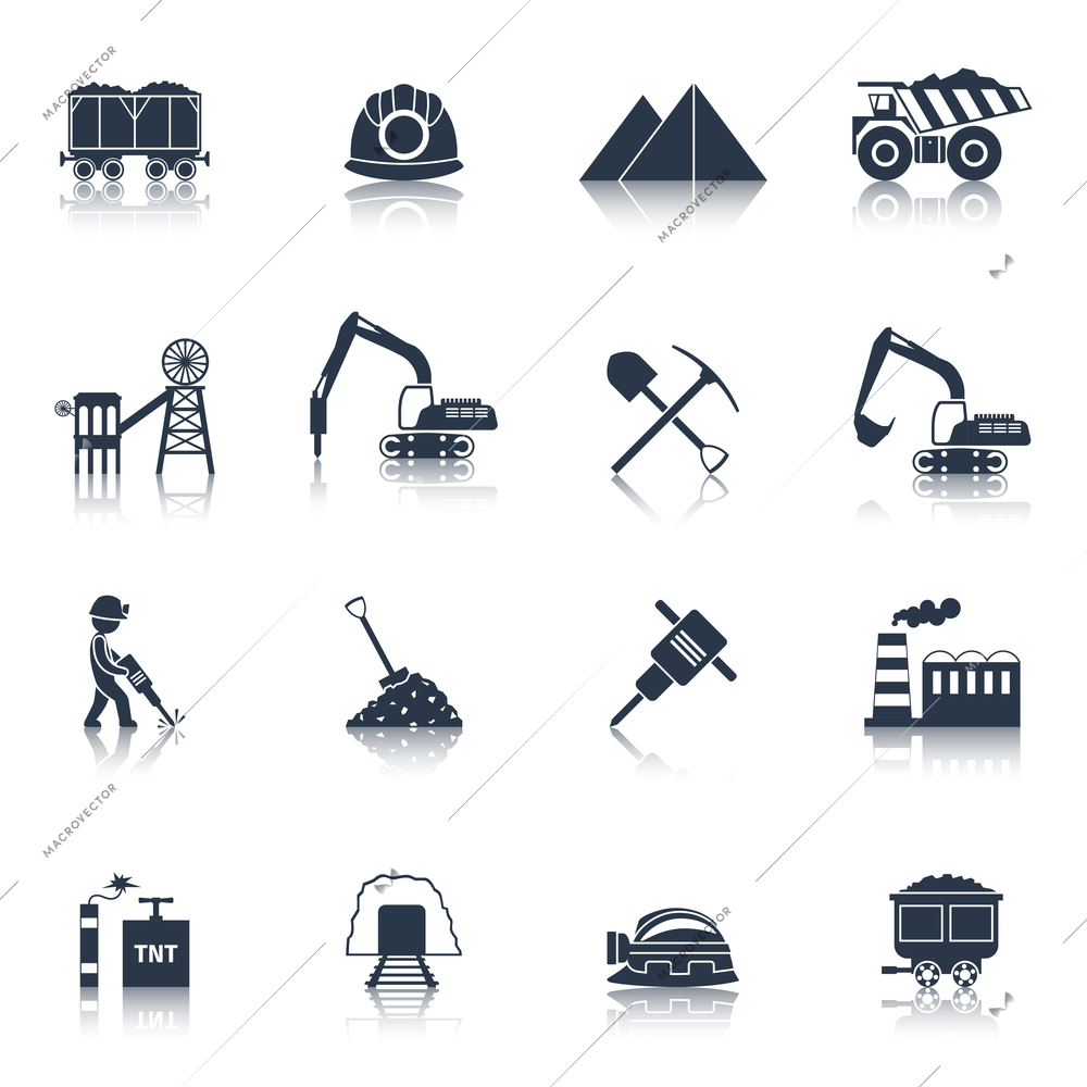 Coal industry icons black set with train truck factory isolated vector illustration