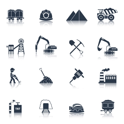 Coal industry icons black set with train truck factory isolated vector illustration