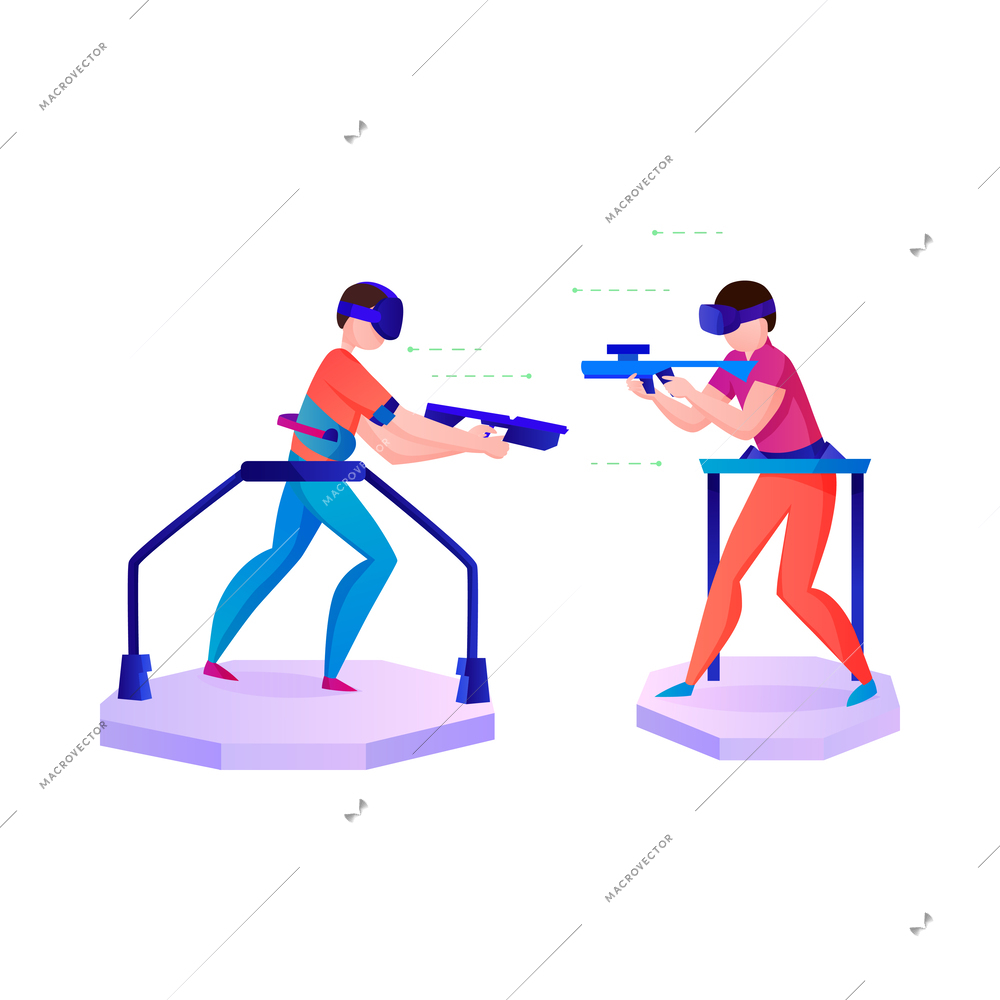 Virtual reality composition with cartoon style people using modern amusement devices isolated on blank background vector illustration