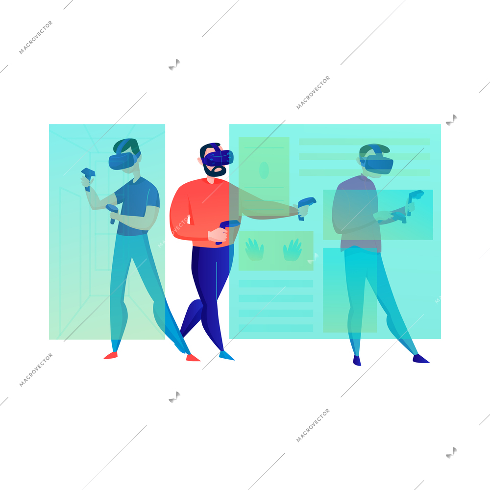 Virtual reality composition with cartoon style people using modern amusement devices isolated on blank background vector illustration