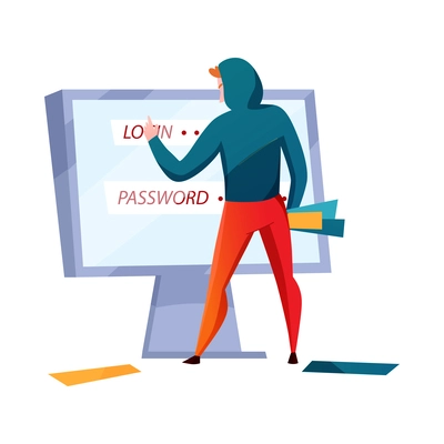 Hacker composition with cartoon character of hacker stealing information breaking computer system vector illustration