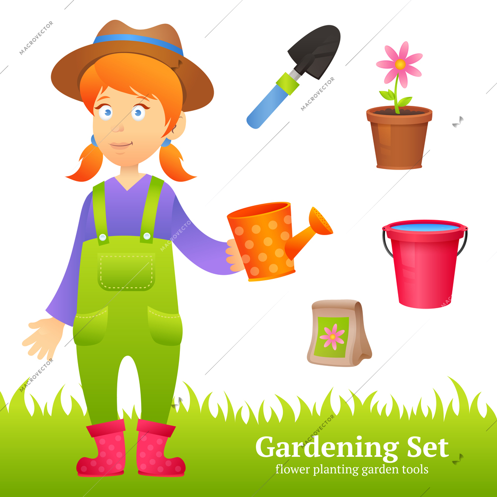 Farmer woman with decorative gardening icons set vector illustration