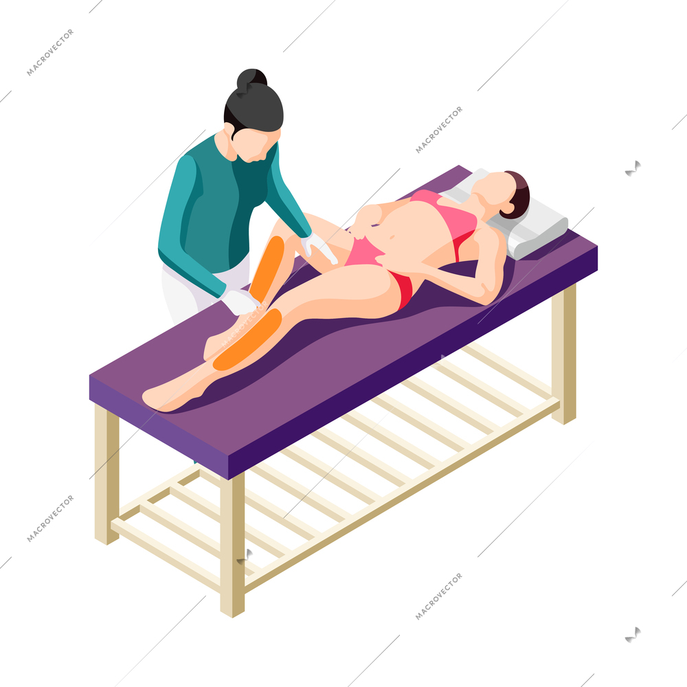 Hair removal isometric composition with human characters performing epilation procedures vector illustration