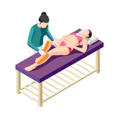 Hair removal isometric composition with human characters performing epilation procedures vector illustration