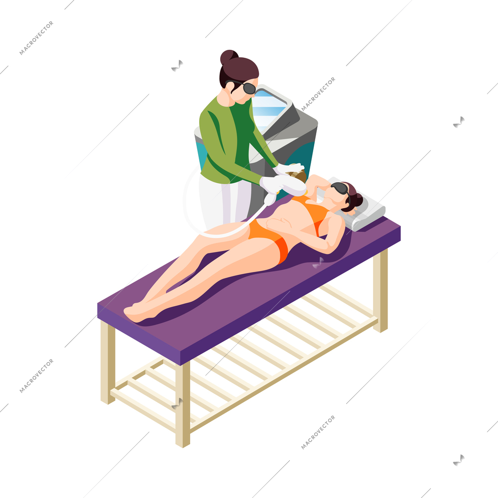 Hair removal isometric composition with human characters performing epilation procedures vector illustration