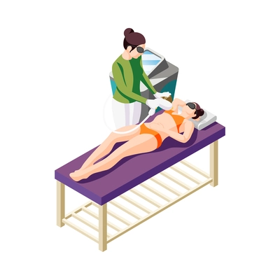 Hair removal isometric composition with human characters performing epilation procedures vector illustration