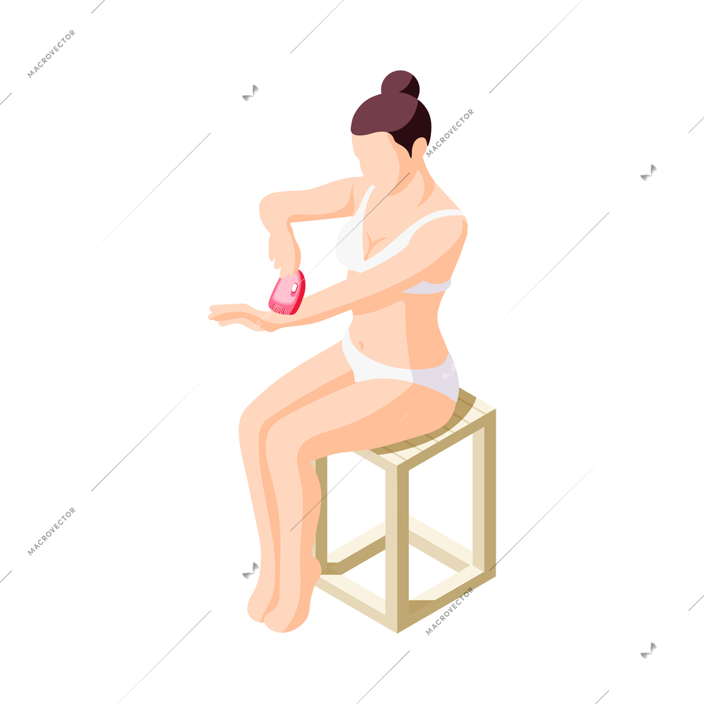 Hair removal isometric composition with human characters performing epilation procedures vector illustration