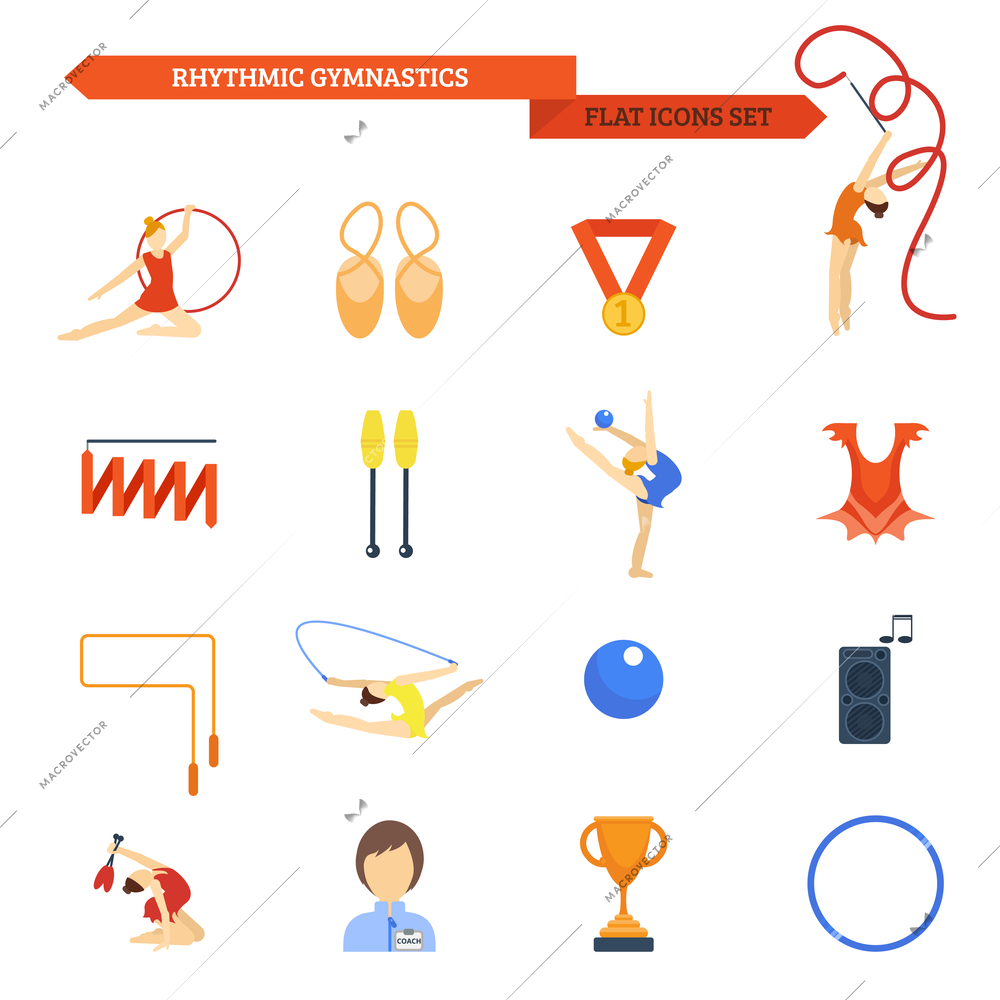 Rhythmic gymnastics icon flat set with female athletes with balls and bands isolated vector illustration