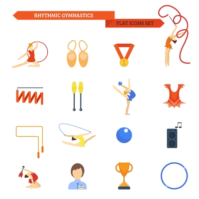 Rhythmic gymnastics icon flat set with female athletes with balls and bands isolated vector illustration