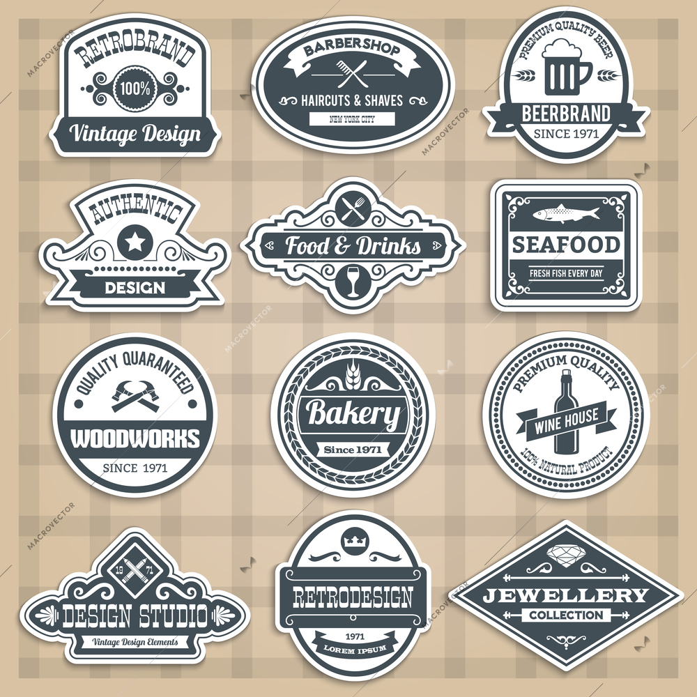 Retro emblems set with food drinks barbershop and woodworks sticker isolated vector illustration