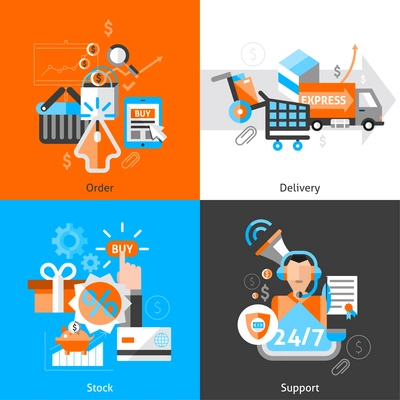 E-commerce design concept set with order delivery stock support flat icons isolated vector illustration