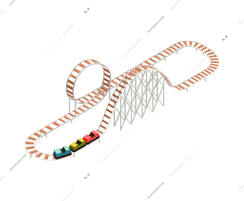 Amusement park attractions and visitors isometric composition with isolated image on blank background vector illustration