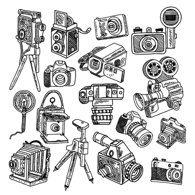 Photo and movie vintage hobby cameras with tripod and flashlight pictograms collection graphic doodle sketch vector illustration