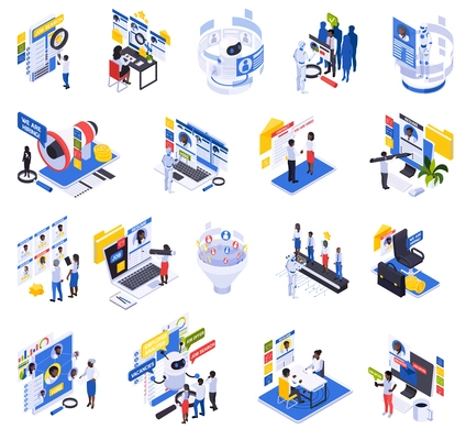 Hr recruitment hiring isometric set of isolated compositions with occupation icons and people applying for jobs vector illustration