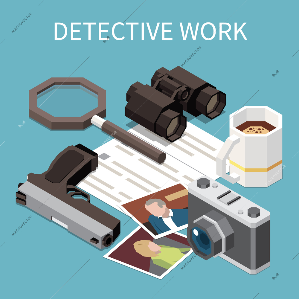 Isometric detective special agent or spy work composition with 3d camera binoculars handgun photos magnifier vector illustration