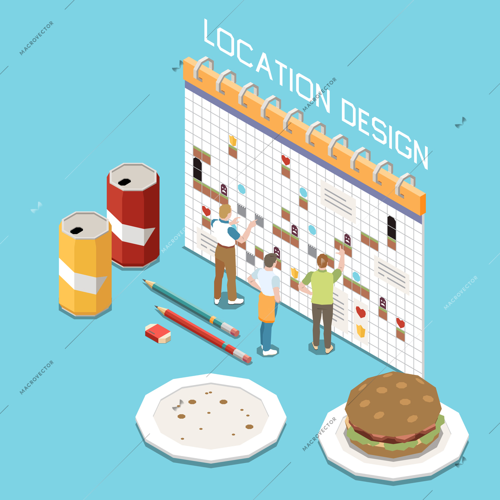 Game development isometric concept with location design symbols vector illustration