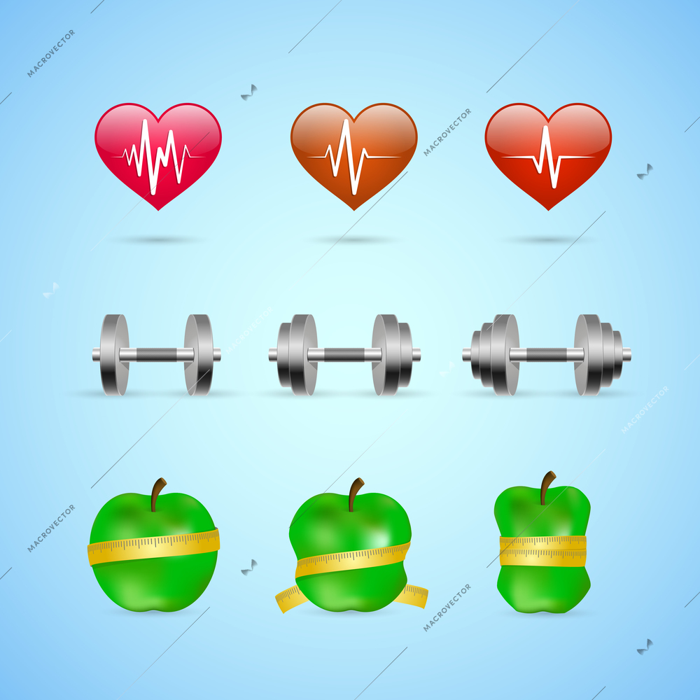 Fitness exercises progress icons set of heart rate strength and slimness isolated vector illustration