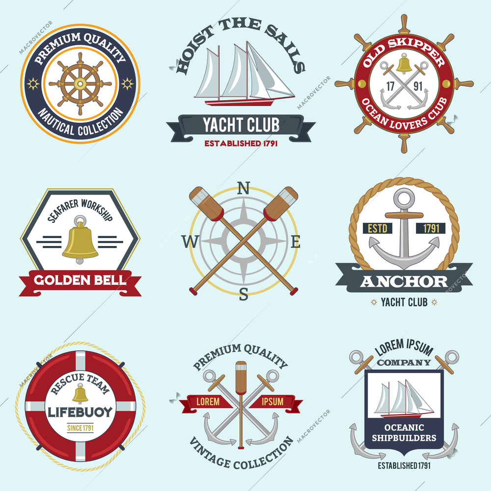 Nautical labels set with premium quality seafarer emblems isolated vector illustration