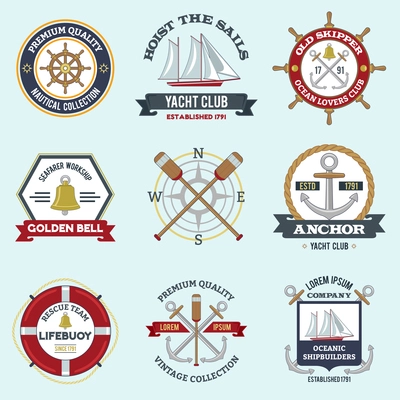 Nautical labels set with premium quality seafarer emblems isolated vector illustration