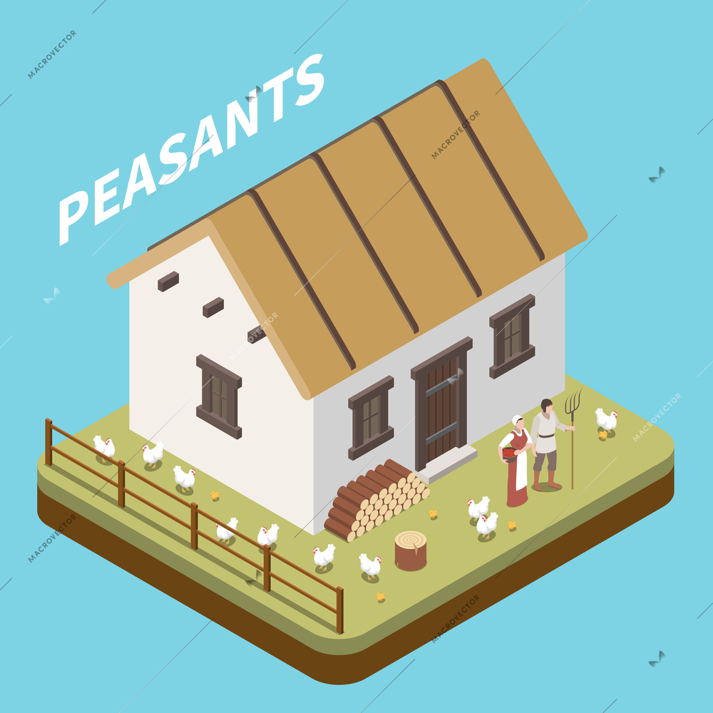 Medieval peasants isometric concept with humble house vector illustration