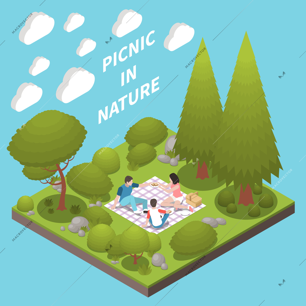 Nature landscape design concept with picnic symbols isometric vector illustration