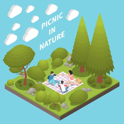 Nature landscape design concept with picnic symbols isometric vector illustration