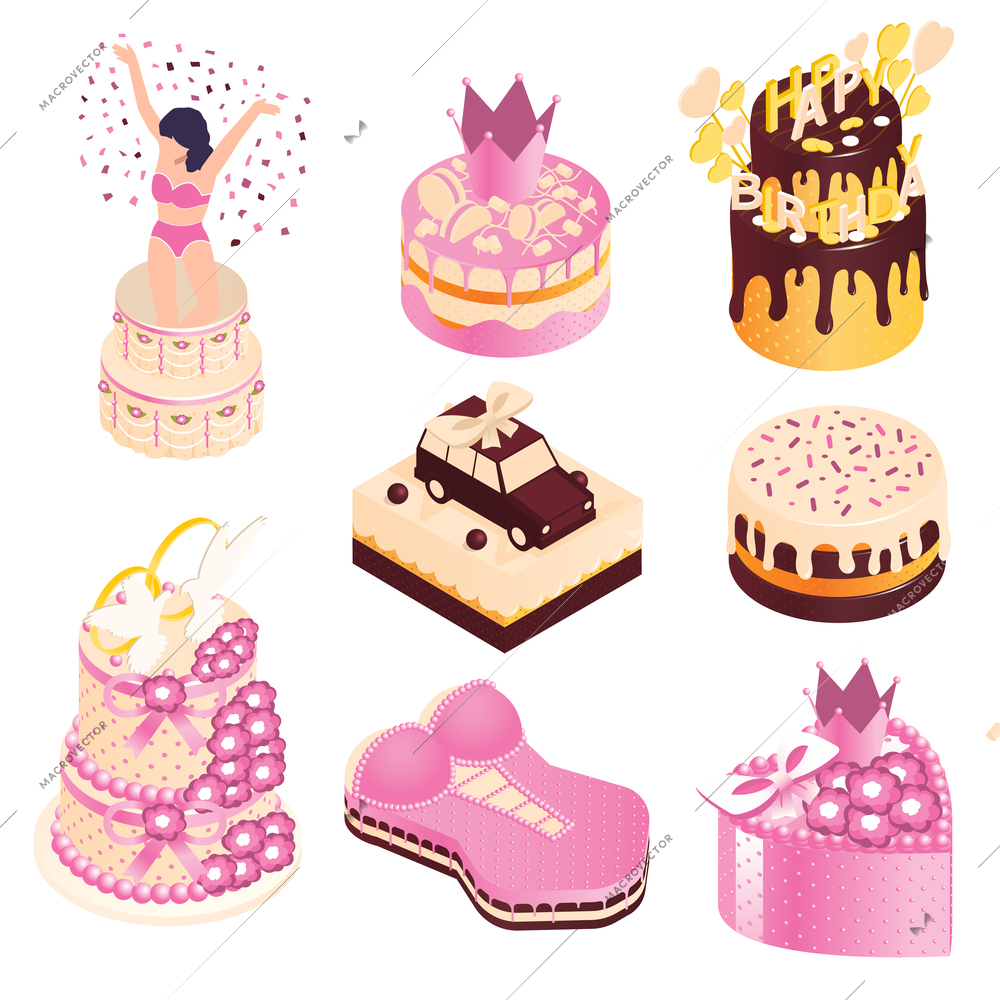 Cakes for events isometric set with eight isolated icons of custom cakes for various party themes vector illustration