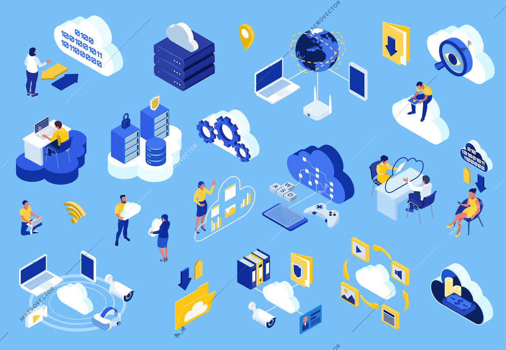 Cloud technology set with data storage symbols isometric isolated vector illustration