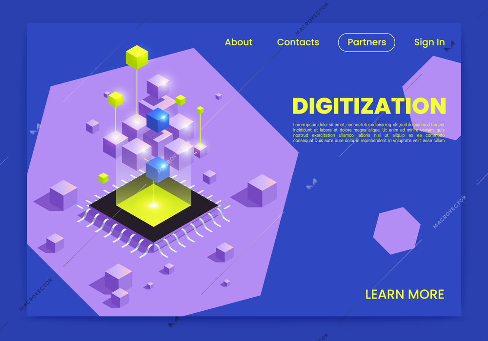 Digital transformation and digitalization isometric web page with microchip symbol vector illustration