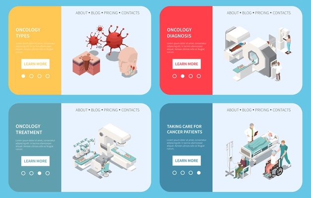 Four isometric oncology web banners set with cancer types diagnostics treatment and patients 3d isolated vector illustration