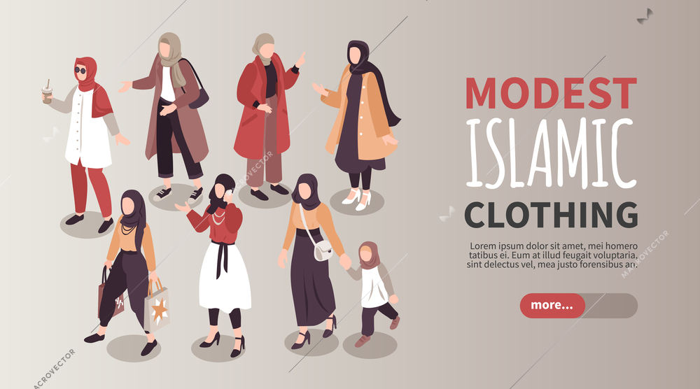Modest islamic clothing horizontal banner with group of modern young muslim women wearing trendy clothes and hijab isometric vector illustration