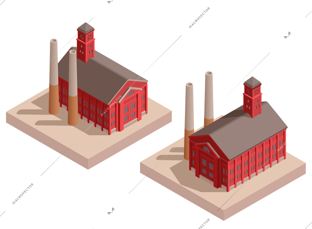 Old industrial red brick factory buildings isometric set isolated vector illustration