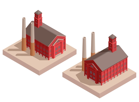 Old industrial red brick factory buildings isometric set isolated vector illustration