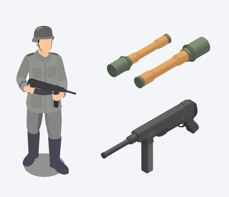 World war two soldier with assault riffle isometric vector illustration
