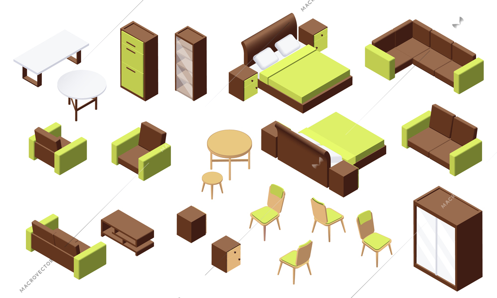 Furniture isometric set with isolated icons of designer furniture with armchairs cabinets with mirrors and tables vector illustration